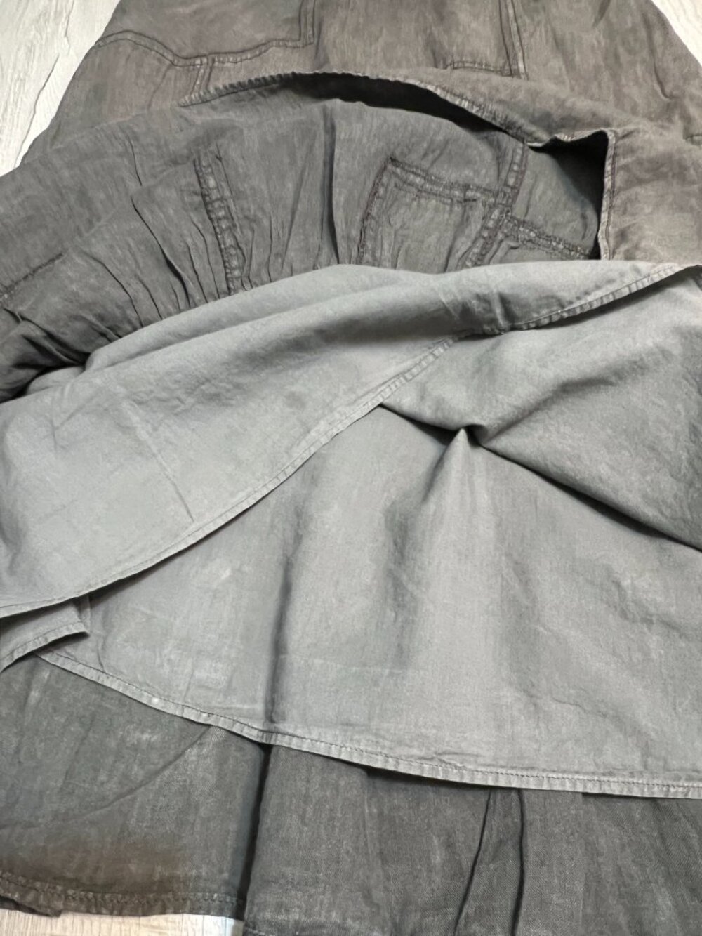 Fei 100% Linen Patchwork Maxi Skirt Olive Green Tiered Boho Long Skirt Size 4 - Picture 7 of 7